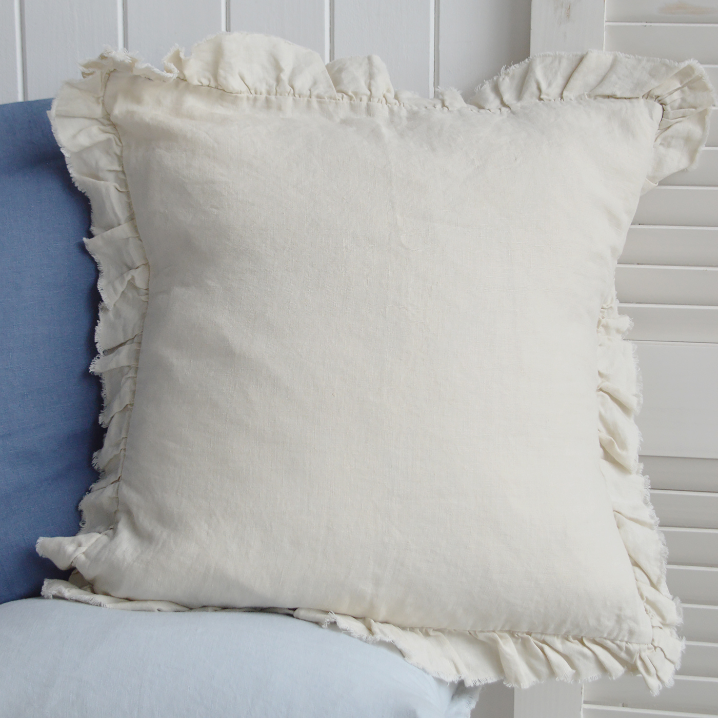 New England cushions and soft furnishings. Hamilton 100% Linen Cushion Covers for coastal, beach house and modern farmhouse interiors - cream ruffle