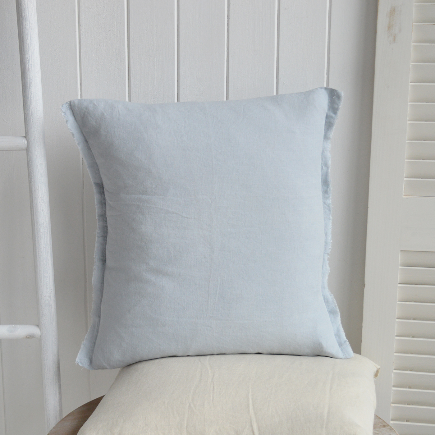 New England cushions and soft furnishings. Hamilton 100% Linen Cushion Covers for coastal, beach house and modern farmhouse interiors - dusty blue