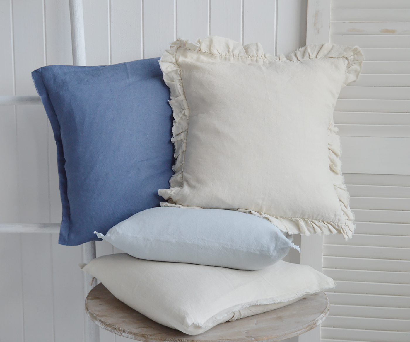 New England cushions and soft furnishings. Hamilton 100% Linen Cushion Covers for coastal, beach house and modern farmhouse interiors - all the cushions together