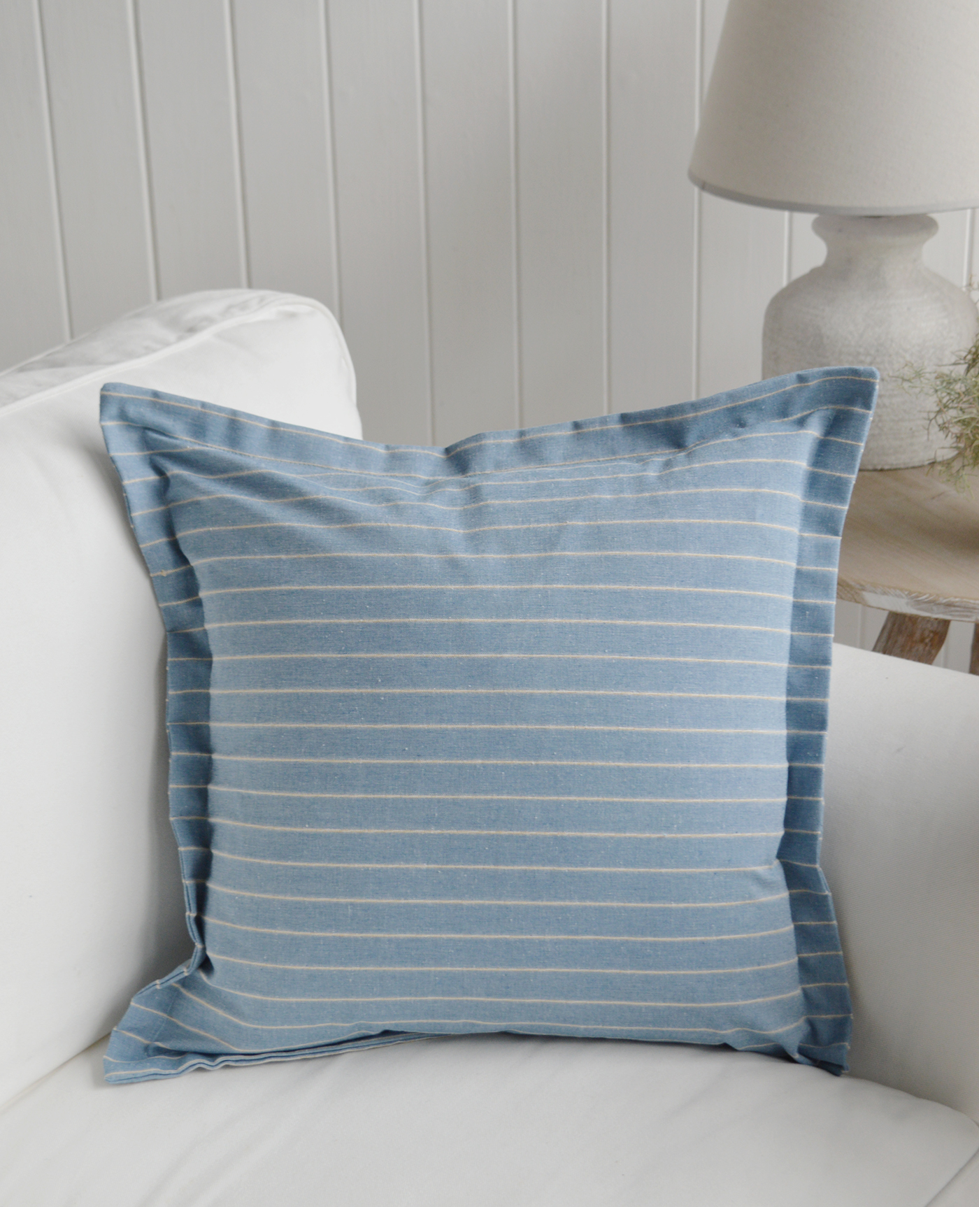 New England Style Country, Coastal and White Furniture and accessories for the home. Hamptons and New England coastal cushions and covers and soft furnishings - Peabody Blue Stripe Cushion Cover