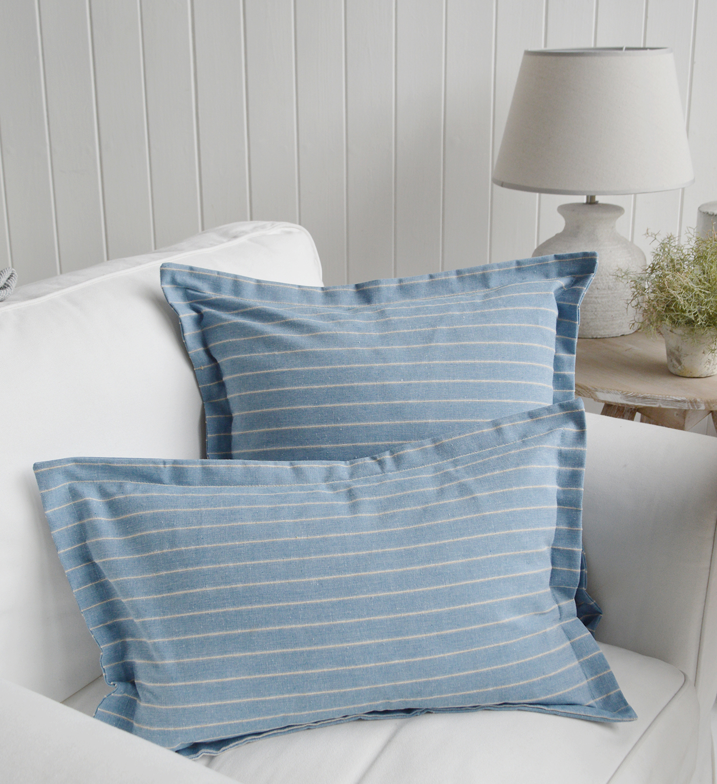 New England Style Country, Coastal and White Furniture and accessories for the home. Hamptons and New England coastal cushions and covers and soft furnishings - Peabody Blue Stripe Cushion Cover