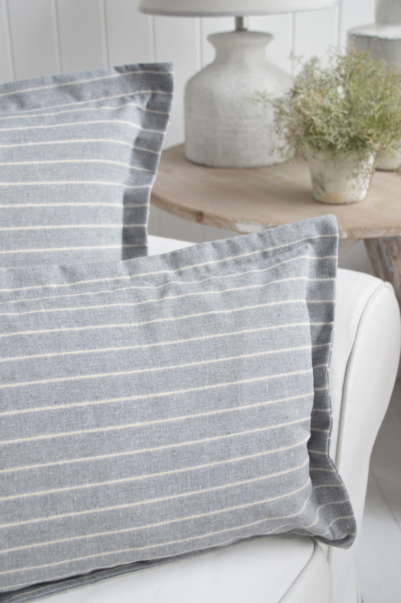 Hamptons and New England Style Coastal Cushions - Peabody Grey Stripe Cushion Cover. Rectangle and Square