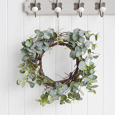 Artificial Eucalyptus wreath. Simple greenery to add to New England styled interiors for coastal, country, city and farmhouse homes