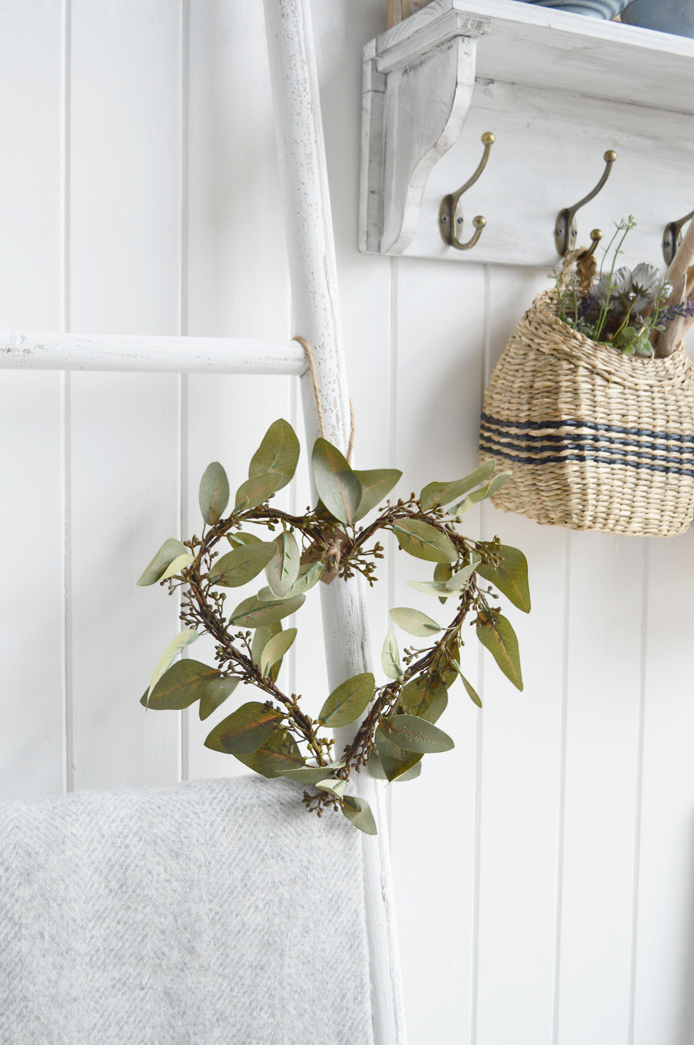 Faux Eucalyptus heart wreath to style and decorate New England modern country, farmhouse and coastal homes and interiors