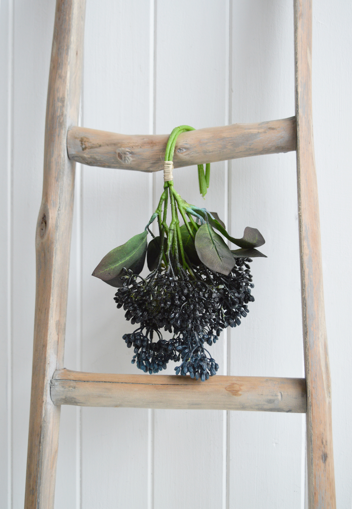 Bundle of faux blue berry styling the driftwood ladder for hamptons coastal interiors