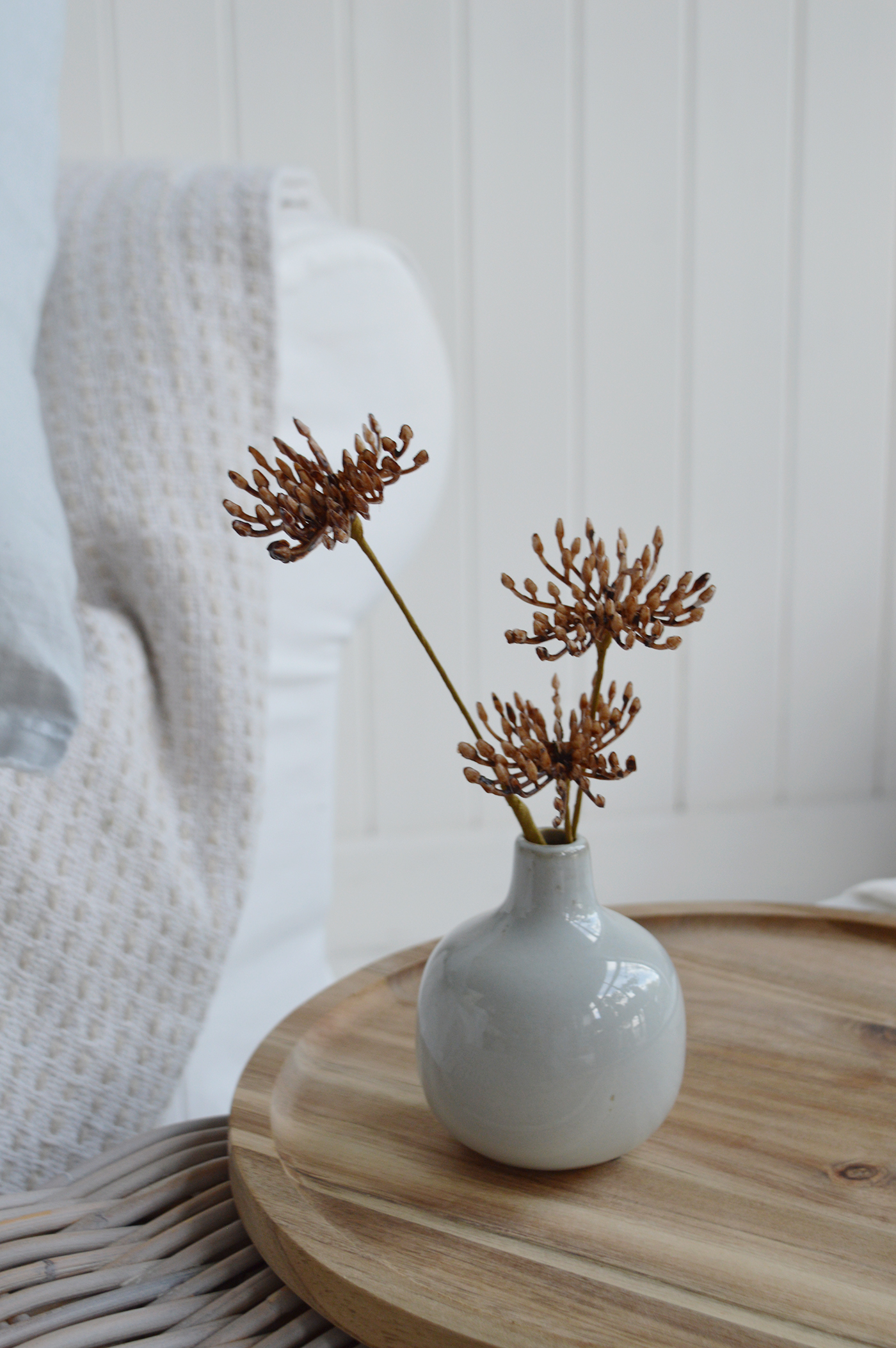 Faux dried Queen Anne’s lace styled in a coastal New England living room