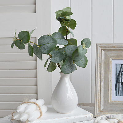 Faux Eucalyptus stems in a White Ceramic Vase - Hamptons and New England Coastal Homes and Interiors