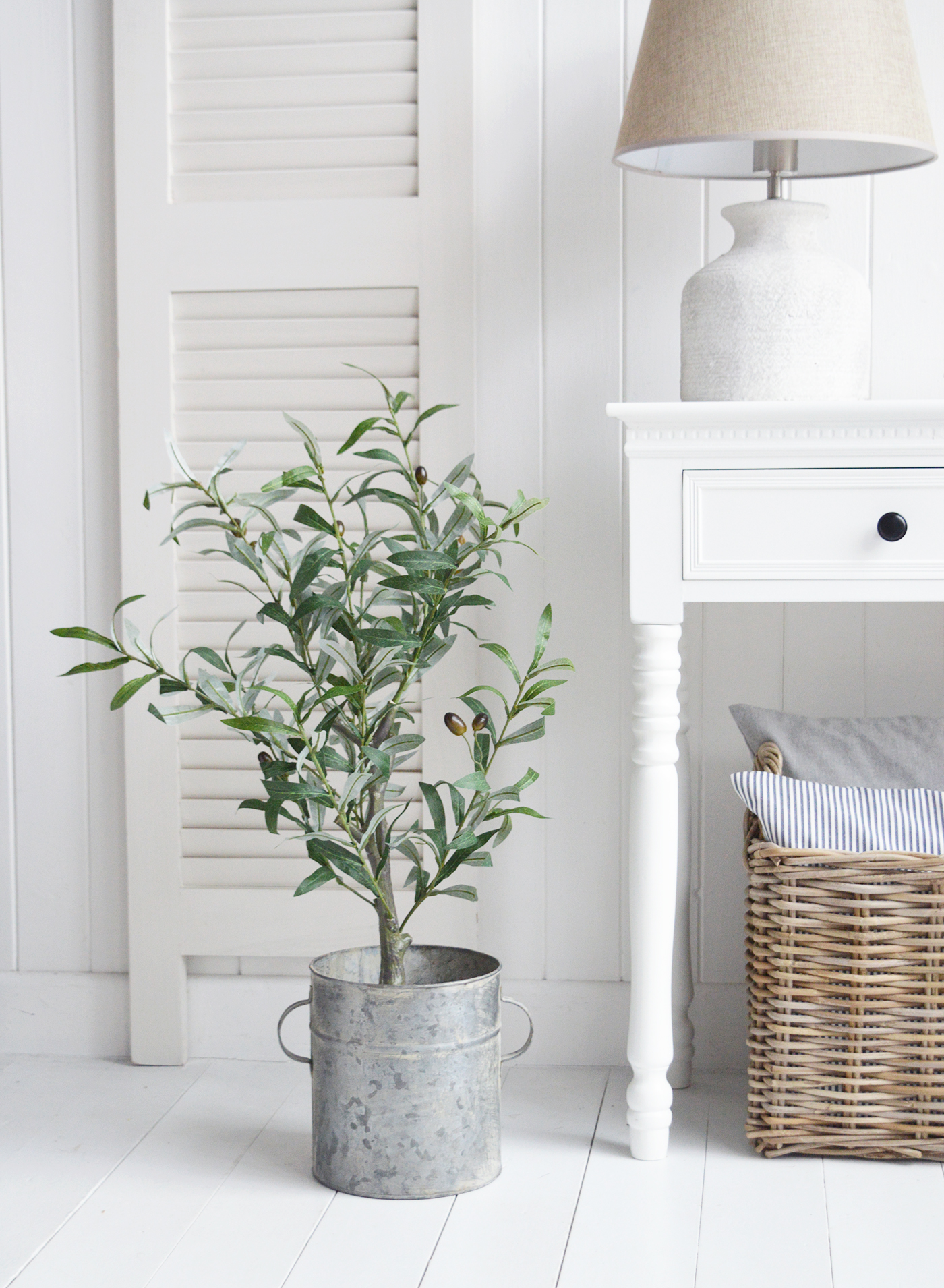 Faux olive tree in zinc pot to suit New England country, coastal and modern farmhouse homes and interiors