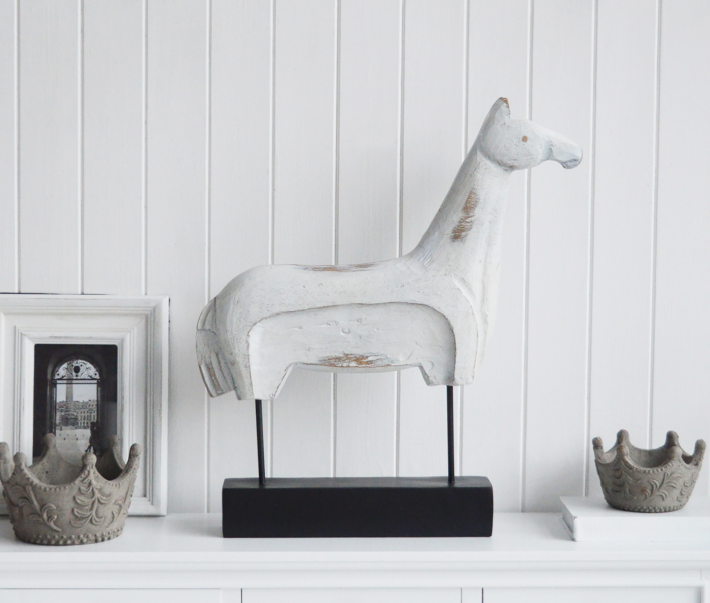 Decorative White Wooden Standing Horse. Console Table Decor for New England Style hallways and living rooms for coastal, country and city home interiors from The White Lighthouse