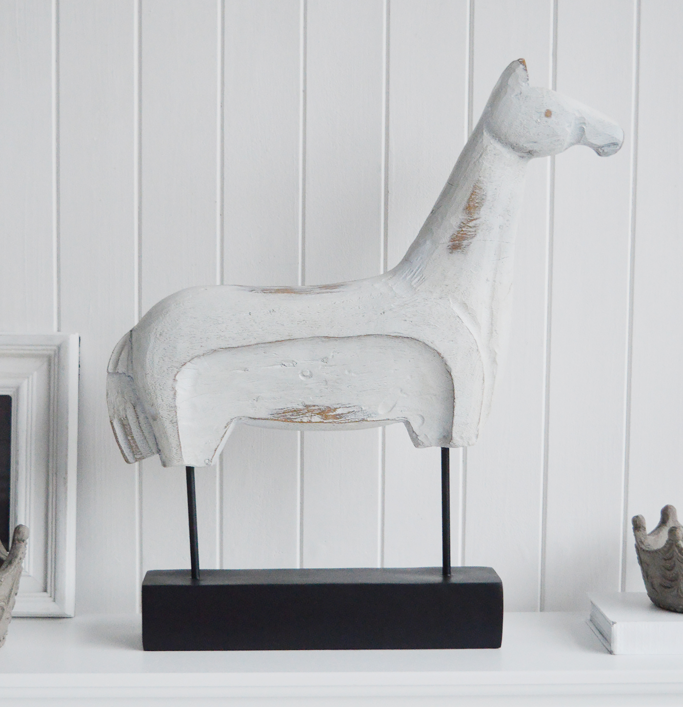 Decorative White Wooden Standing Horse. Console Table Decor for New England Style hallways and living rooms for coastal, country and city home interiors from The White Lighthouse