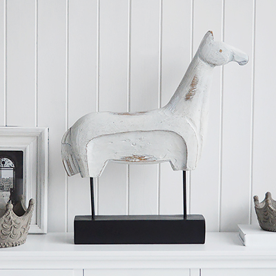 Decorative White Wooden Standing Horse. Console Table Decor for New England Style hallways and living rooms for coastal, country and city home interiors from The White Lighthouse