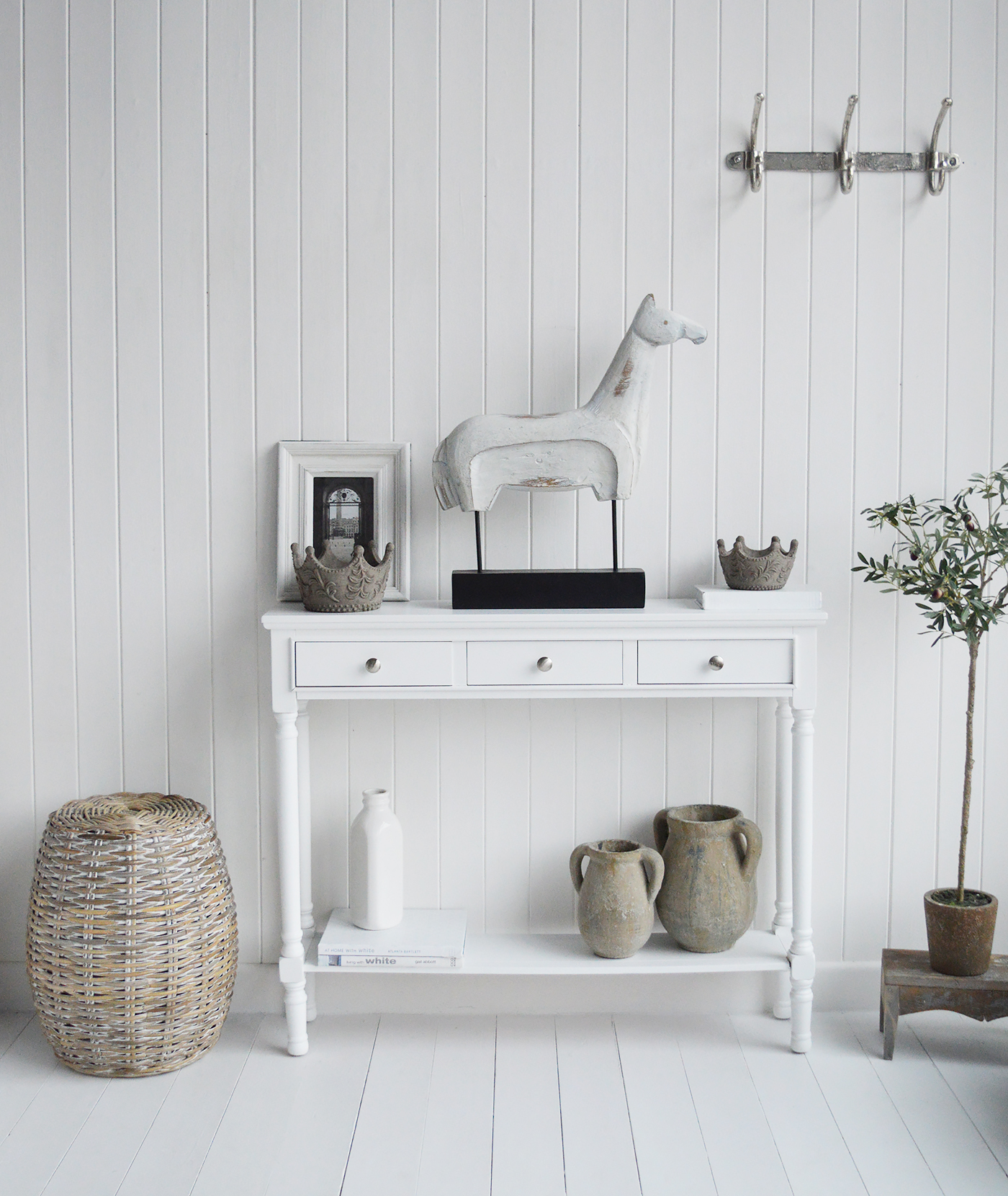 Decorative White Wooden Standing Horse. Console Table Decor for New England Style hallways and living rooms for coastal, country and city home interiors from The White Lighthouse