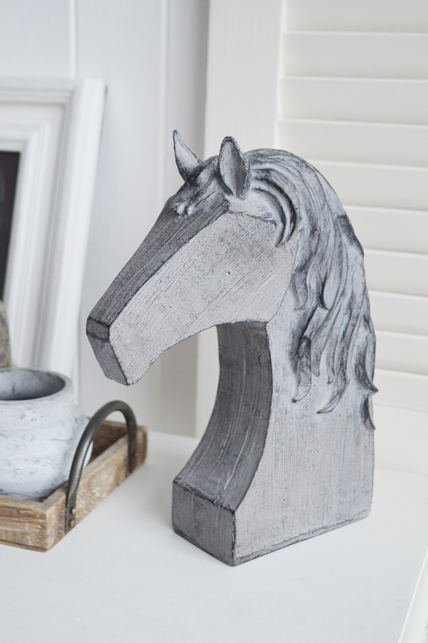 Decorative Standing Horse Head. Console Table Decor for New England Style hallways, homes and living rooms for coastal, country and city home interiors from The White Lighthouse Furniture