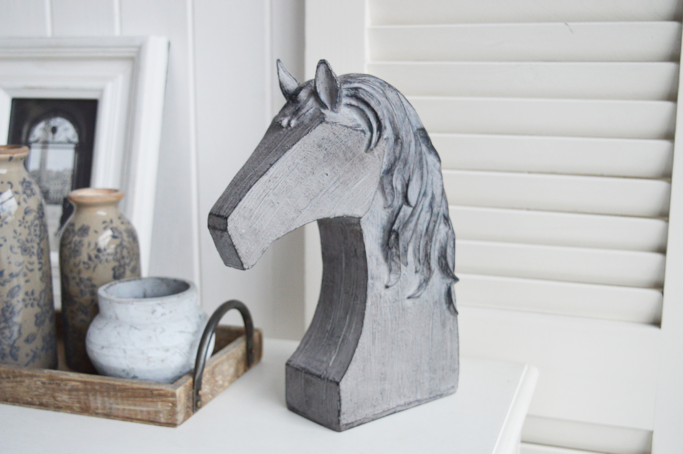 Decorative Standing Horse Head. Console Table Decor for New England Style hallways, homes and living rooms for coastal, country and city home interiors from The White Lighthouse Furniture