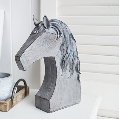 Decorative Standing Horse. Console Table Decor for New England Style hallways, homes and living rooms for coastal, country and city home interiors from The White Lighthouse Furniture