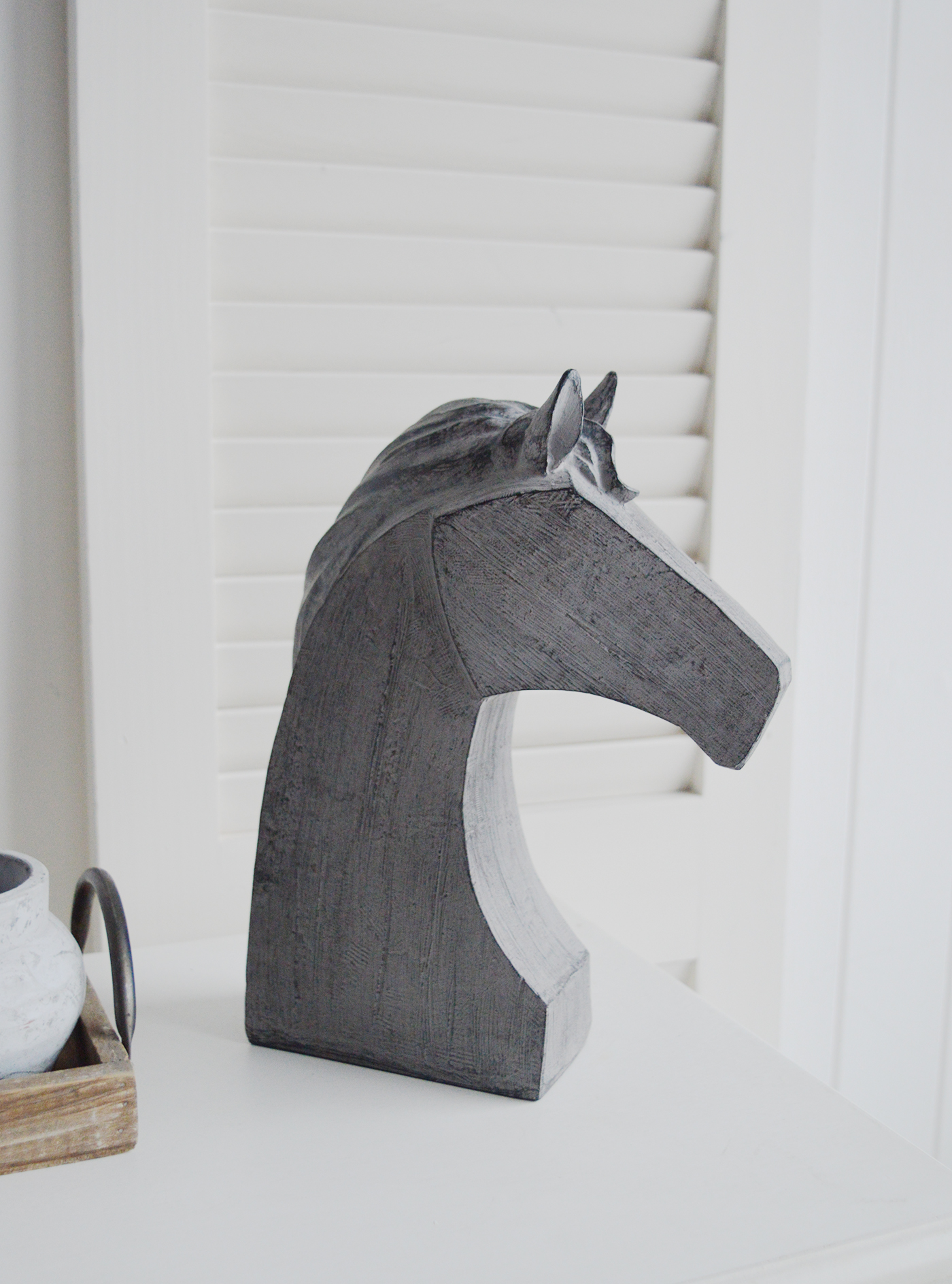 Decorative Standing Horse Head. Console Table Decor for New England Style hallways, homes and living rooms for coastal, country and city home interiors from The White Lighthouse Furniture