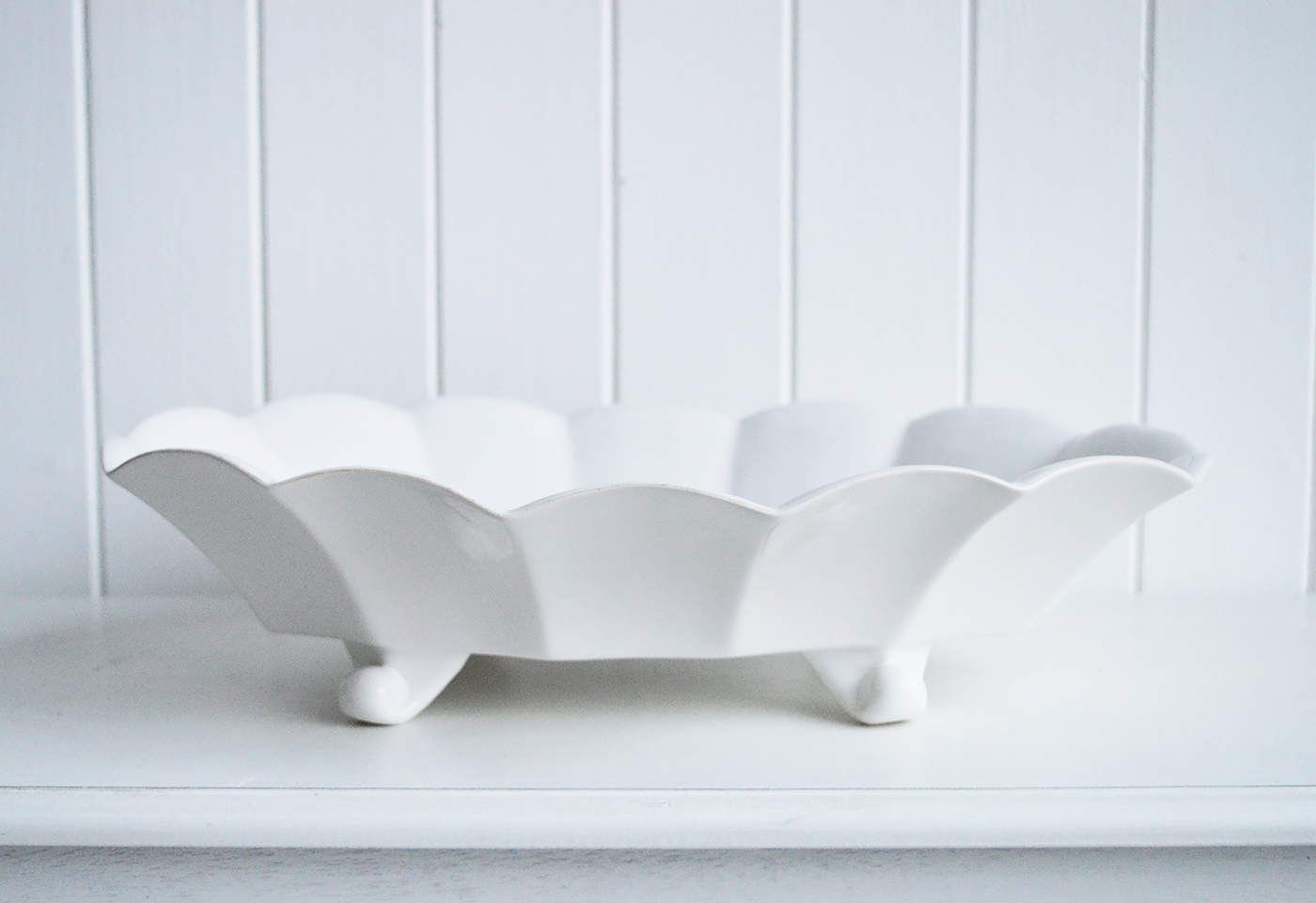 The White Hyannis ceramic bowl for console table styling