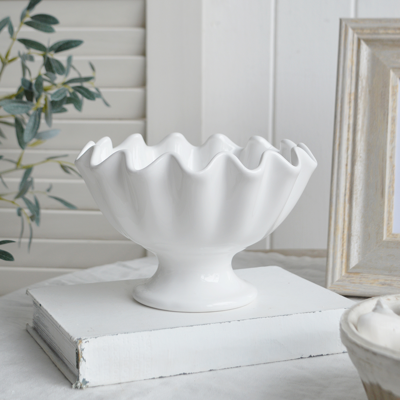 White Ceramics, Hyannis White Ceramic Bowl on stand for New England, farmhouse,  Country and coastal homes and interior decor