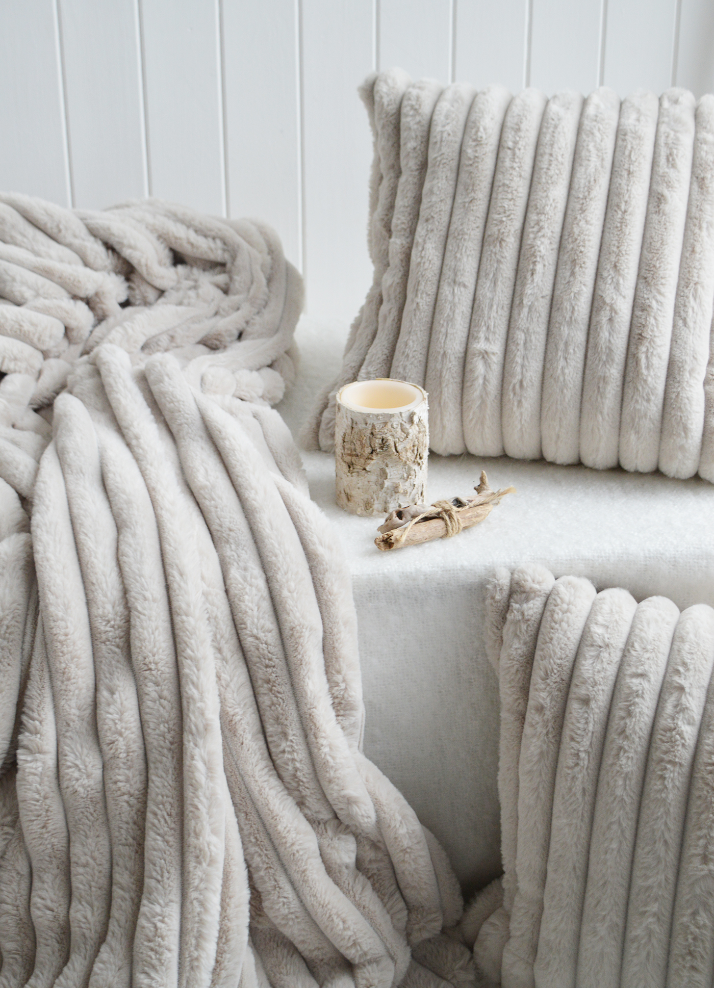 Luxury Faux Fur Throw  and Cushions - Luxurious Hamptons style interiors