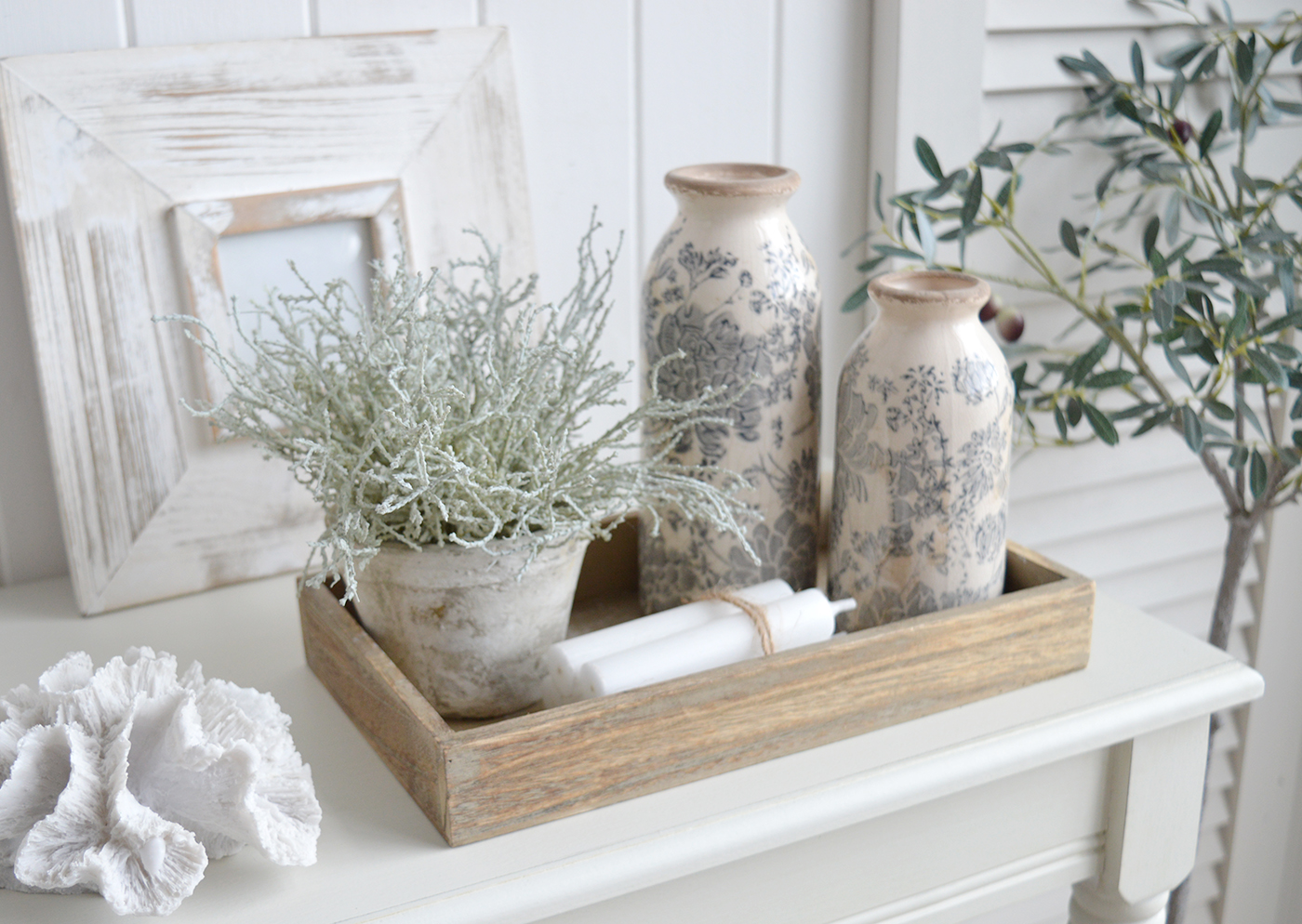 The Jackson tray styled with the lakeport tall vases and the cotton lavender