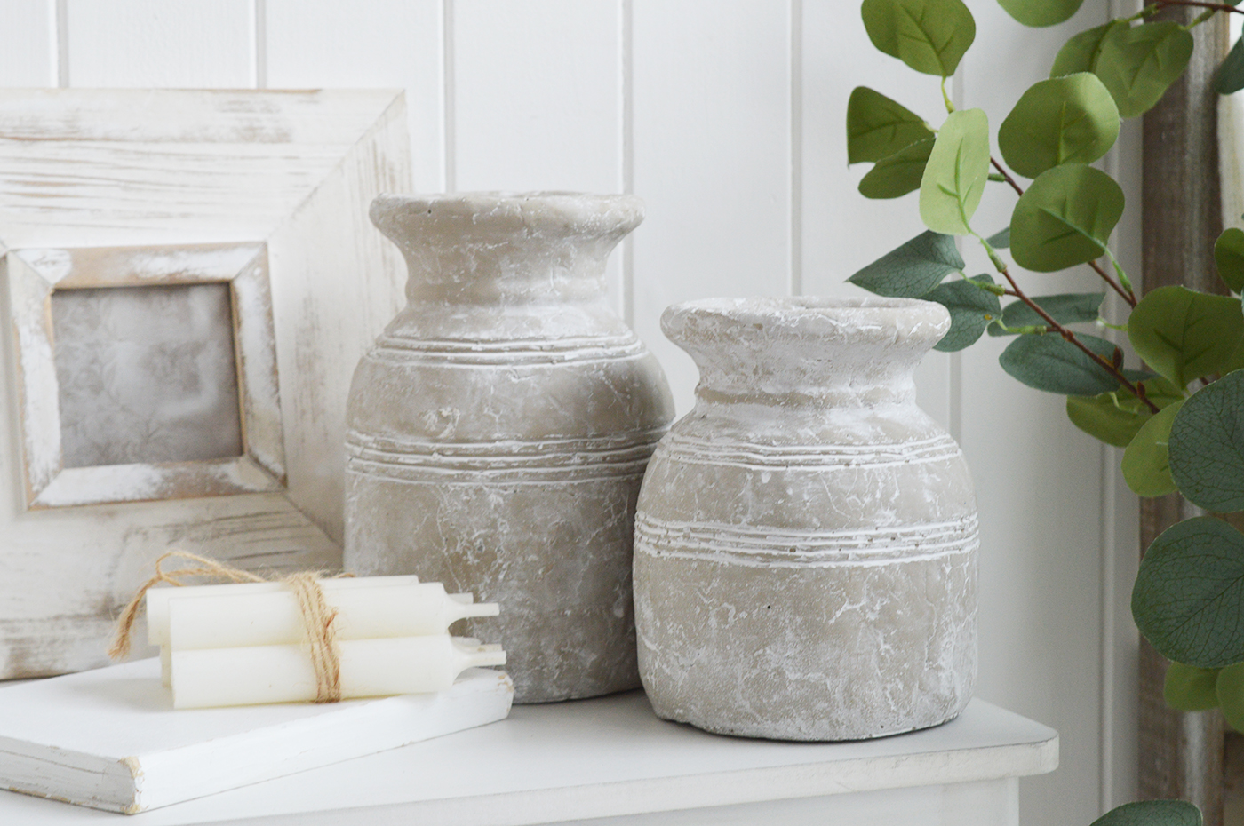 Newfane White Rustic Grey Jars - Console table and shelf styling and decor for New England and Hamptons Interiors, New England style furniture and accessories for country, coastal, city and modern farmhouse homes.
