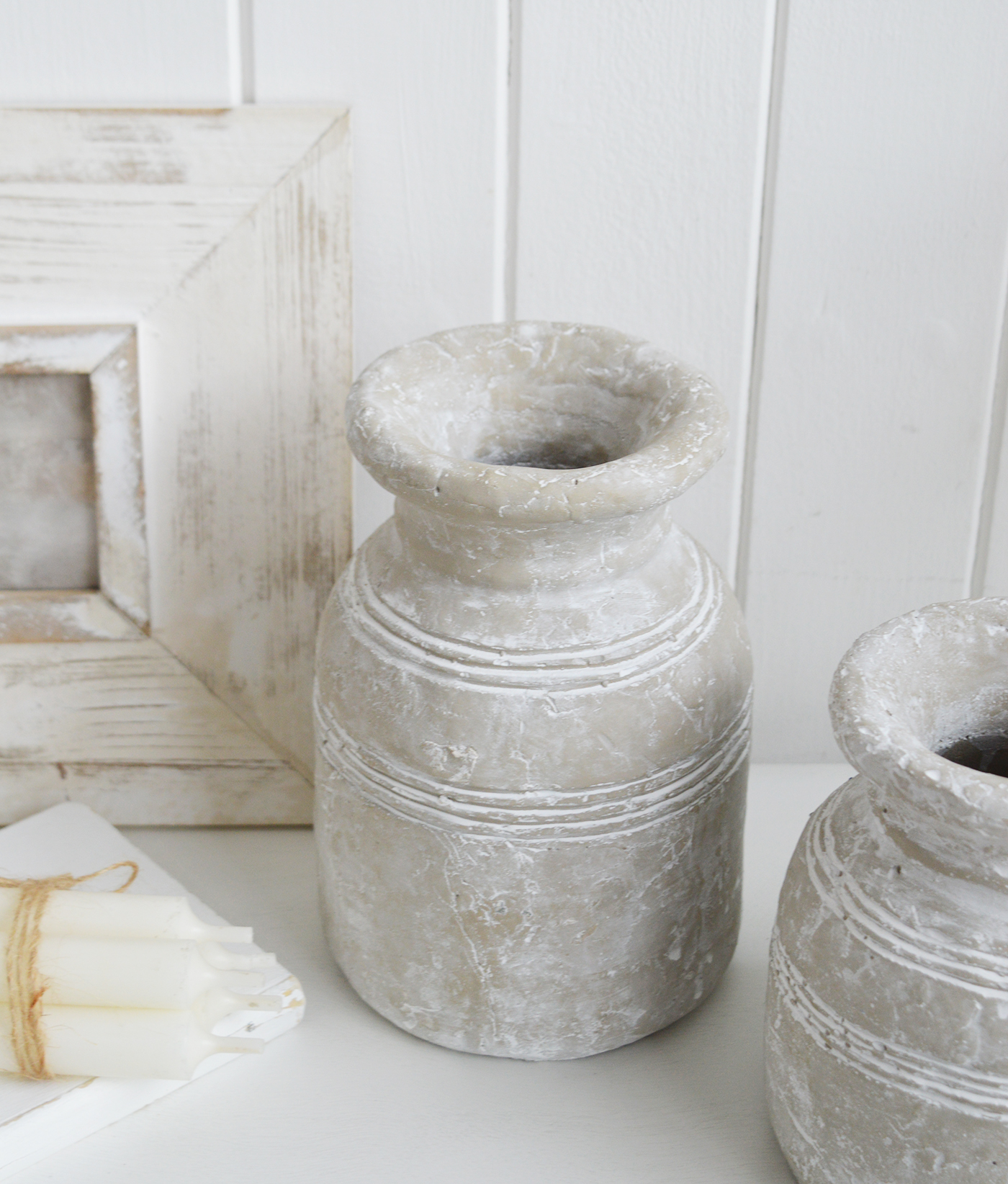 Newfane White Rustic Grey Jars - Console table and shelf styling and decor for New England and Hamptons Interiors, New England style furniture and accessories for country, coastal, city and modern farmhouse homes.