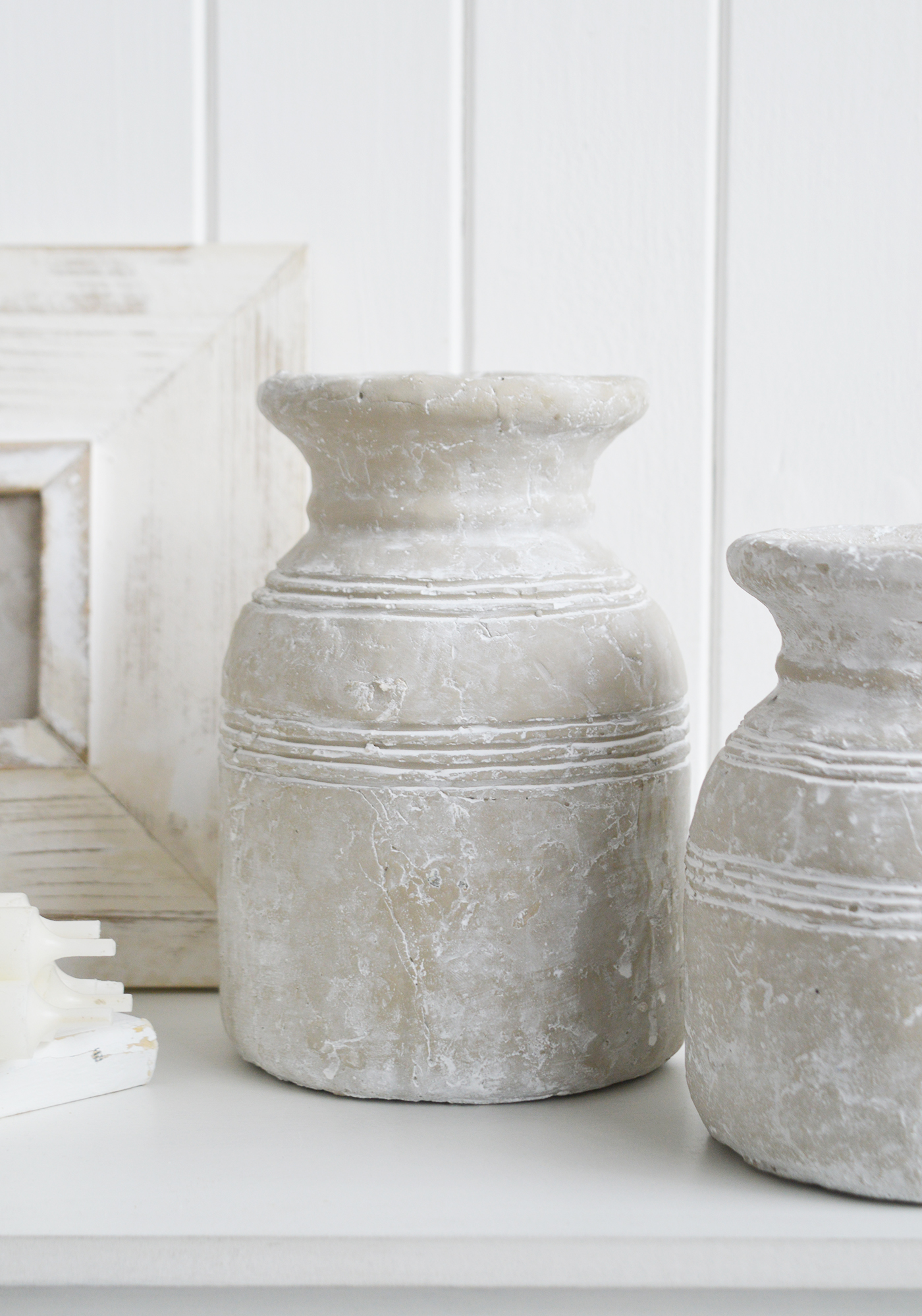 Newfane White Rustic Grey Jars - Console table and shelf styling and decor for New England and Hamptons Interiors, New England style furniture and accessories for country, coastal, city and modern farmhouse homes.