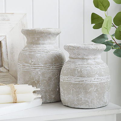 Newfane White Rustic Grey Jars - Console table and shelf styling and decor for New England and Hamptons Interiors, New England style furniture and accessories for country, coastal, city and modern farmhouse homes.