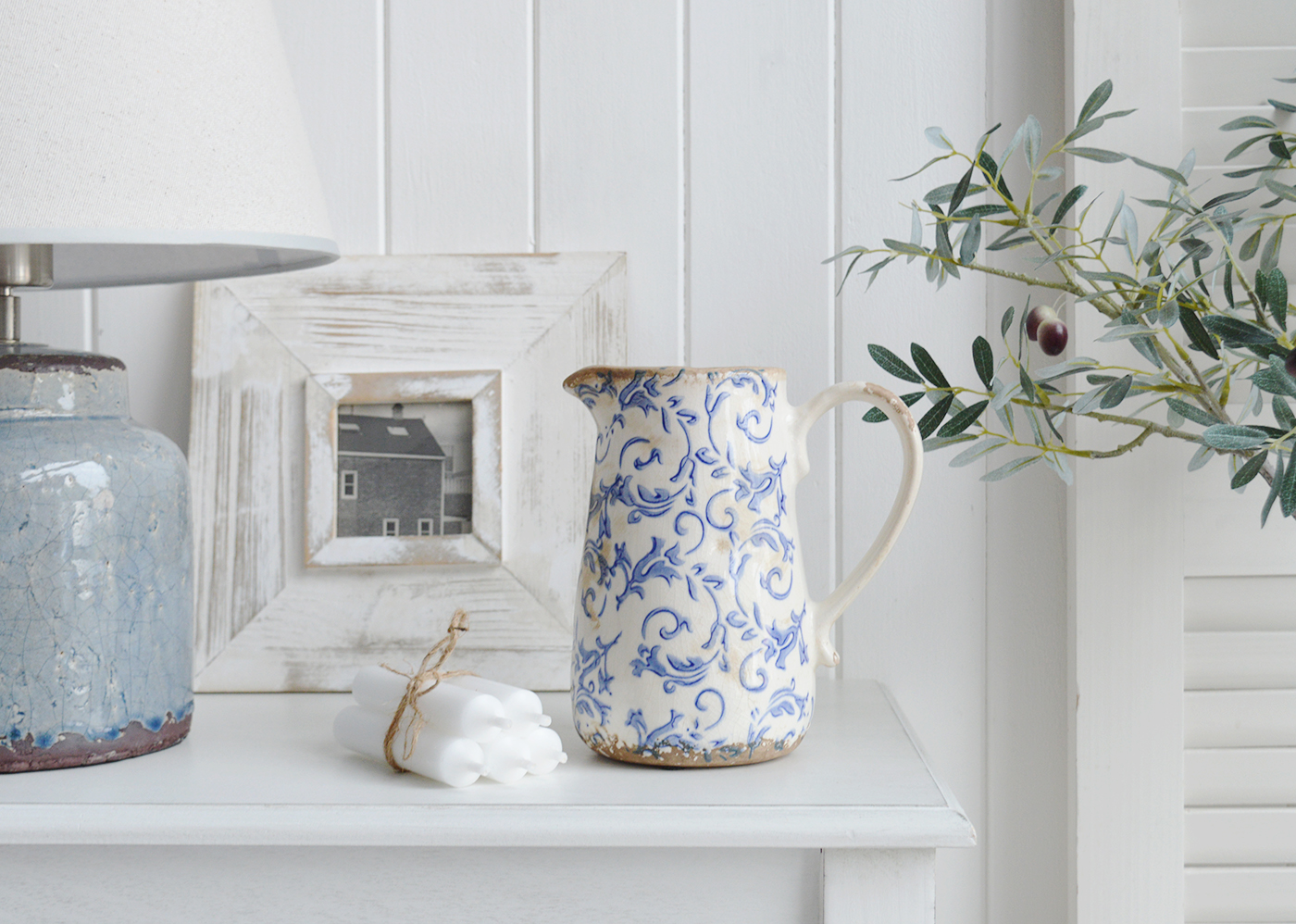 The Prospect vintage blue and white ceramic vase, perfect in a coastal setting