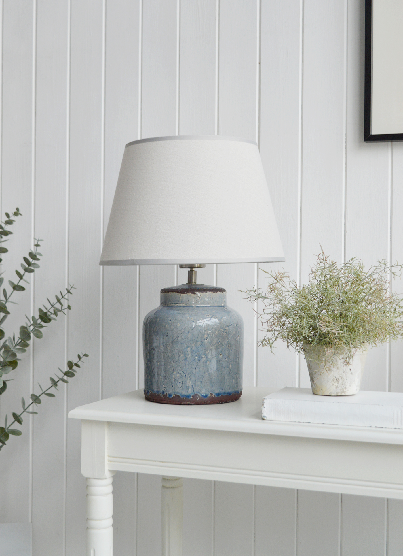 The Blue Compton ceramic lamp, ideal for a coastal Hamptons home interior