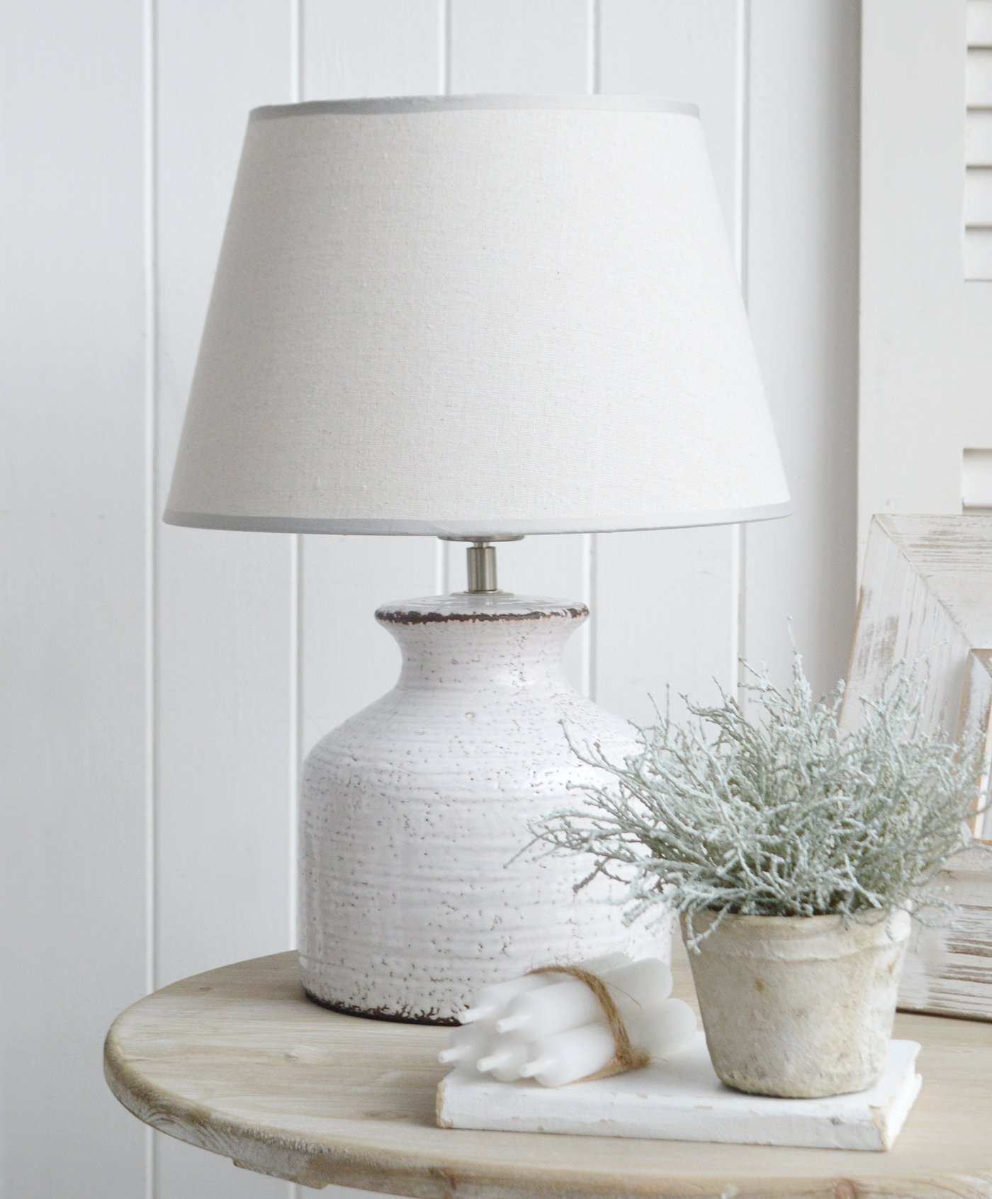 The White Compton white ceramic lamp with a glazed finish for Hamptons coasta homes and interiors in UK