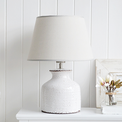 White Compton Ceramic Lamp from The White Lighthouse Furniture. A lovely table lamp for bedside table or living room or bedroom furniture. New England style table lamps for modern country, coastal, city and farmhouse styled homes 