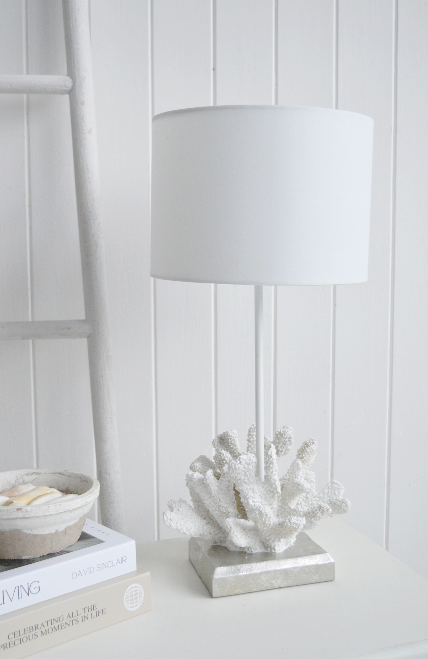This white coral table lamp is ideal for Hamptons inspired interiors and modern coastal homes.