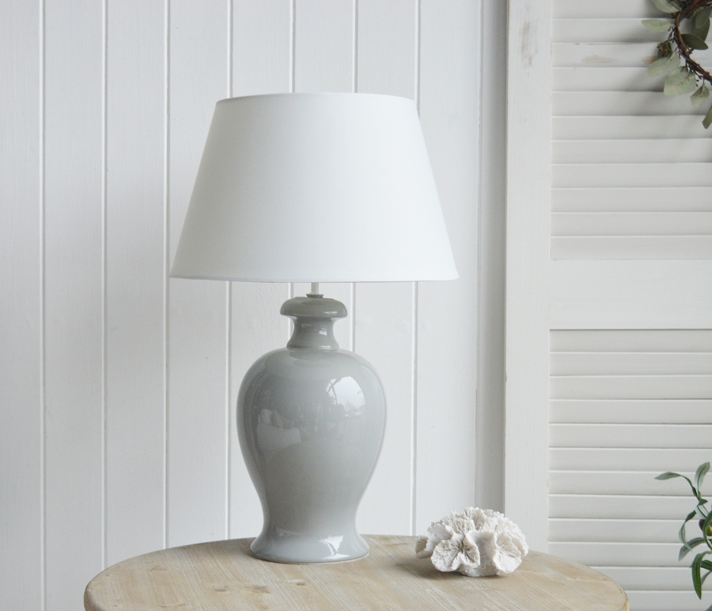 Pembroke Ceramic Large Grey Blue Lamp from The White Lighthouse Furniture. A feature lamp on any table in mocern farmhouse, coastal or country styled home interior