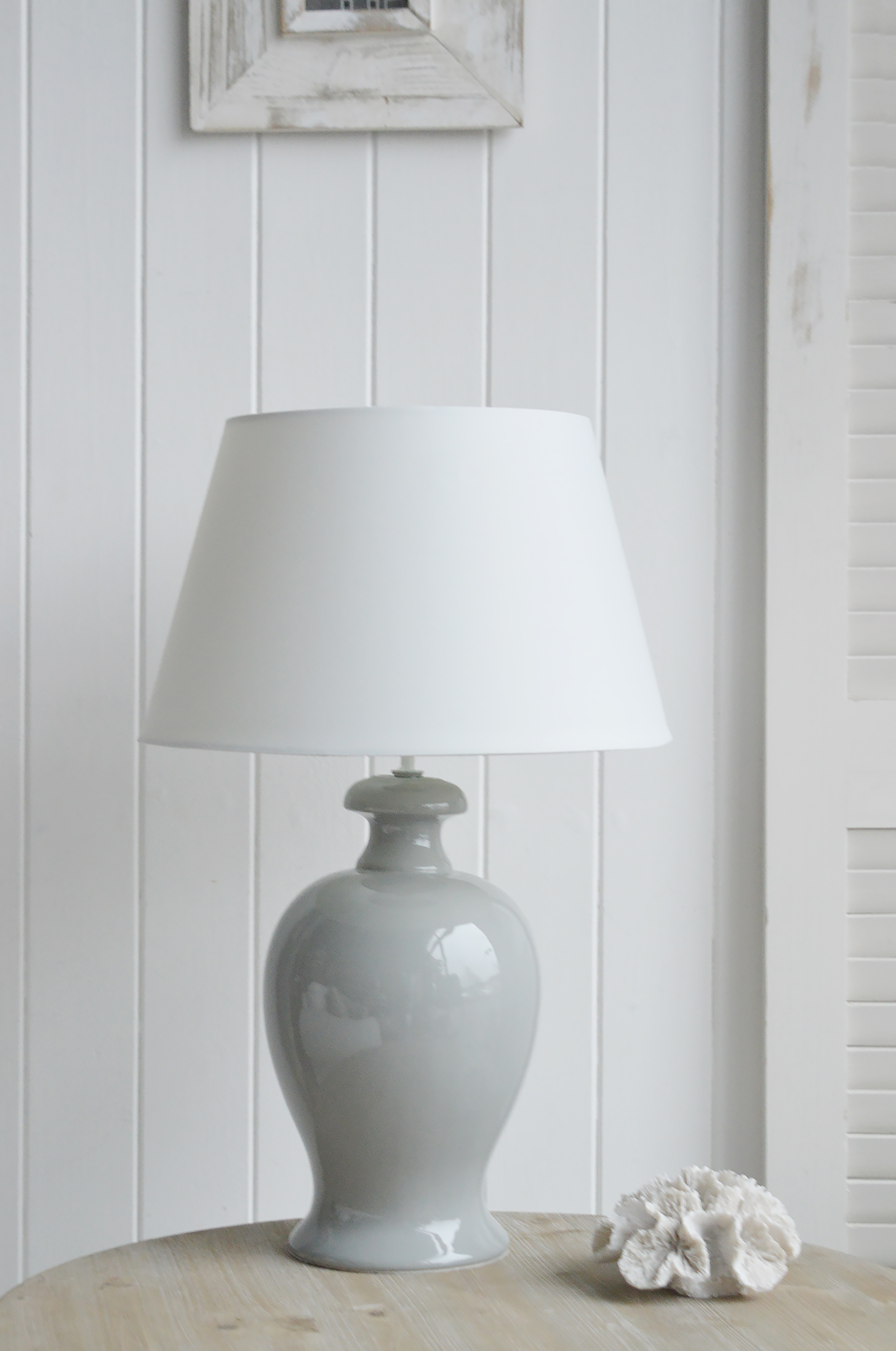 Pembroke Ceramic Large Grey Blue Lamp from The White Lighthouse Furniture. A feature lamp on any table in mocern farmhouse, coastal or country styled home interior