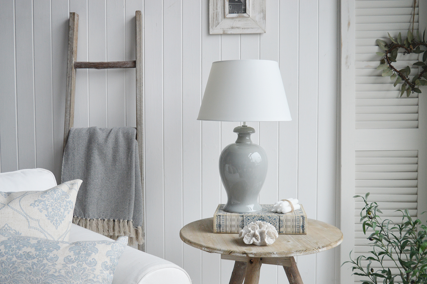 Pembroke Ceramic Large Grey Blue Lamp from The White Lighthouse Furniture. A feature lamp on any table in mocern farmhouse, coastal or country styled home interior