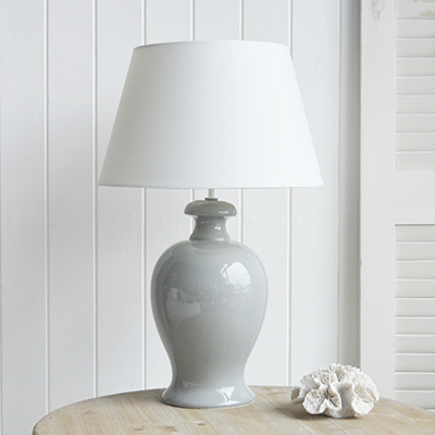 Pembroke Ceramic Large Grey Blue Lamp from The White Lighthouse Furniture. A feature lamp on any table in mocern farmhouse, coastal or country styled home interior