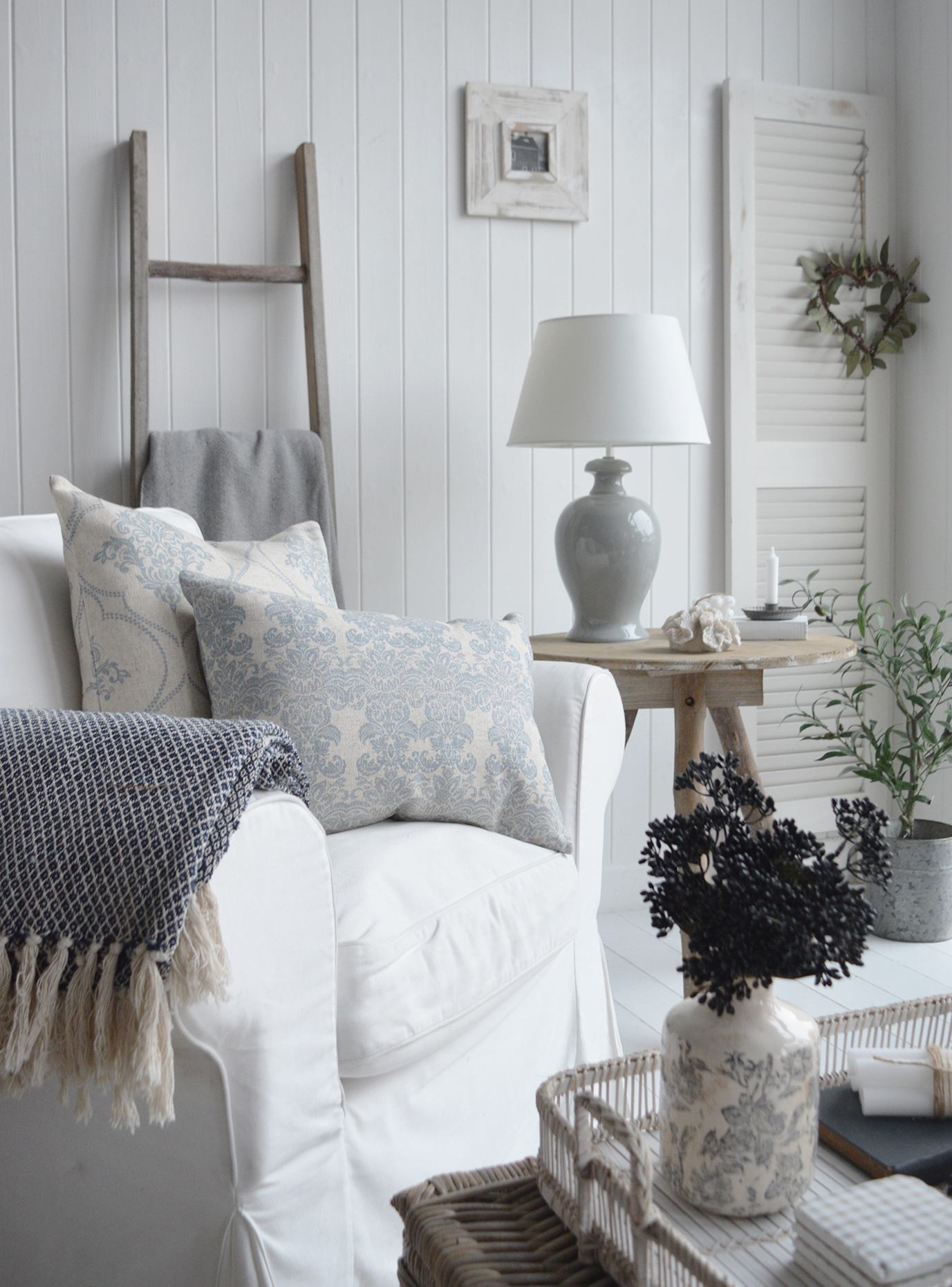 Pembroke Ceramic Large Grey Blue Lamp from The White Lighthouse Furniture. A feature lamp on any table in mocern farmhouse, coastal or country styled home interior