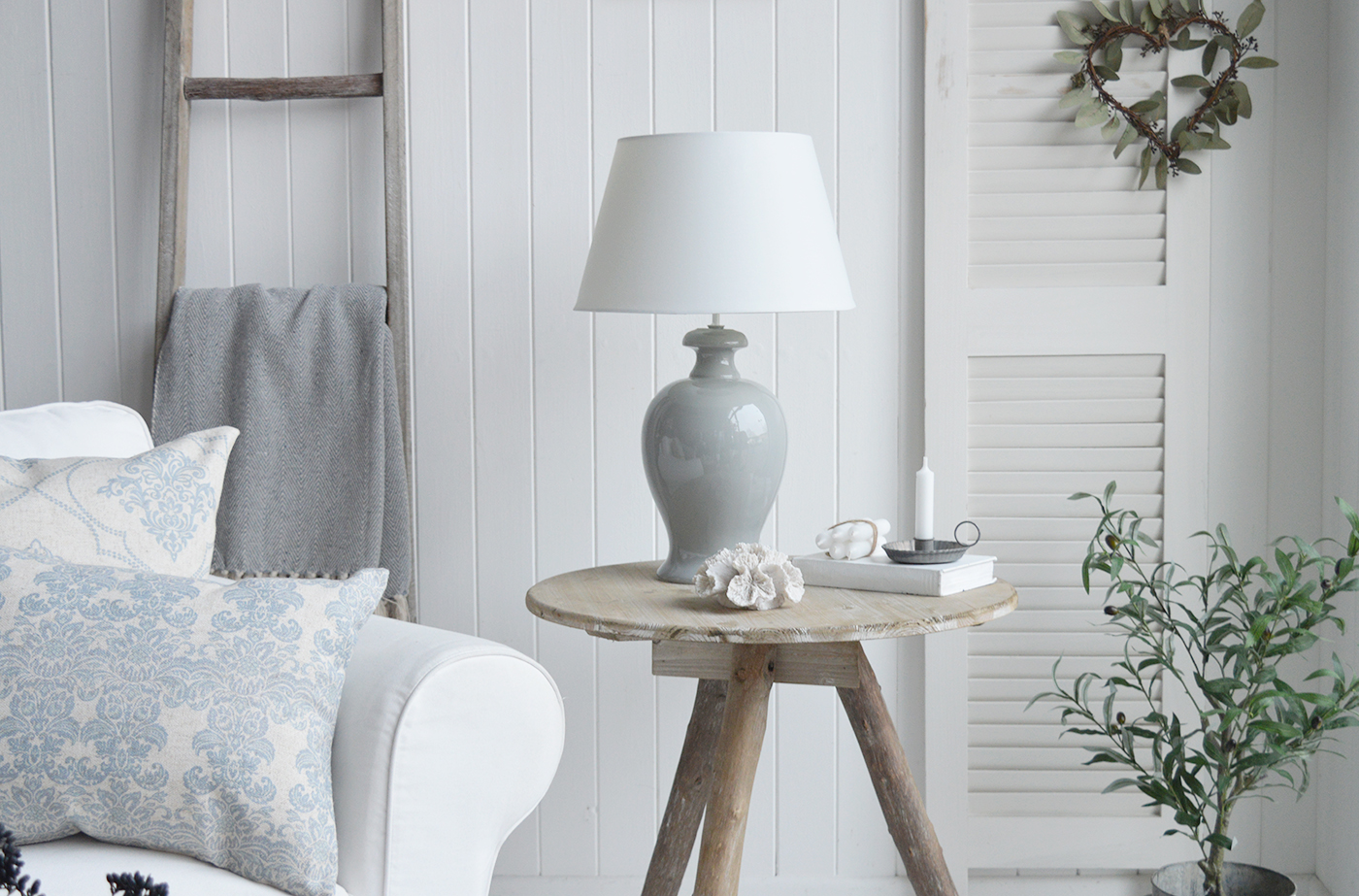 Pembroke Ceramic Large Grey Blue Lamp from The White Lighthouse Furniture. A feature lamp on any table in mocern farmhouse, coastal or country styled home interior