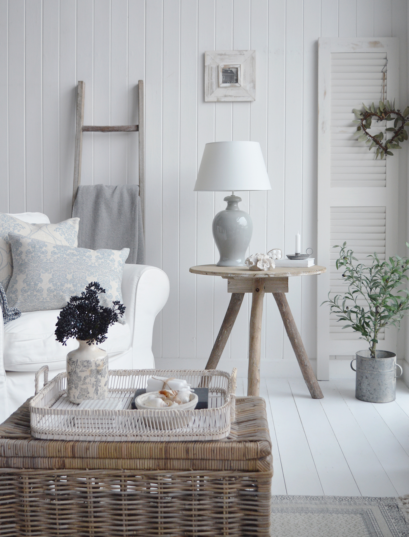 Pembroke Ceramic Large Grey Blue Lamp from The White Lighthouse Furniture. A feature lamp on any table in mocern farmhouse, coastal or country styled home interior