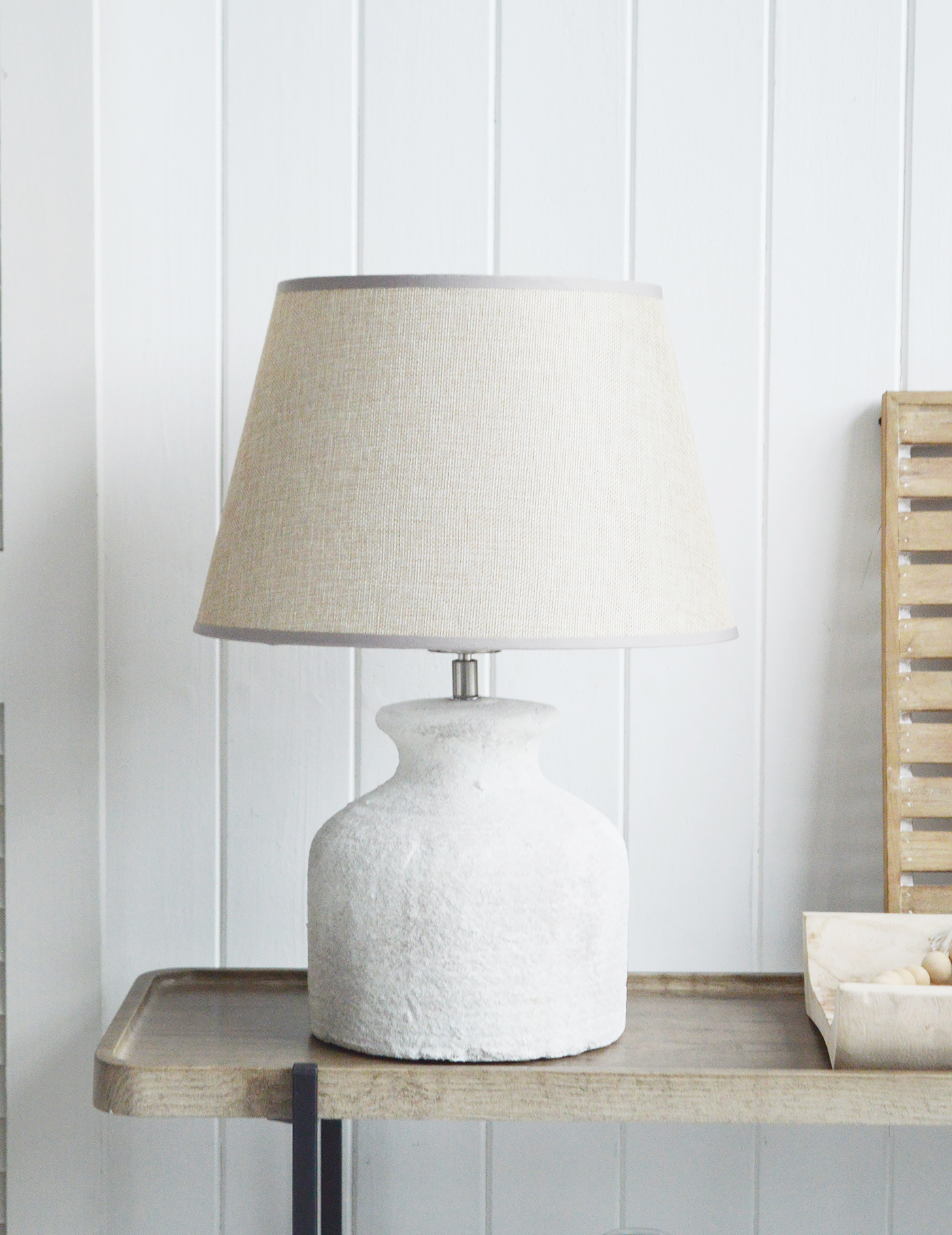 Barnstead Pale Grey Stone Lamp from The White Lighthouse Furniture. A lovely table lamp for bedside table or living room or bedroom furniture. New England style table lamps for country, coastal, citu and farmhouse styled homes