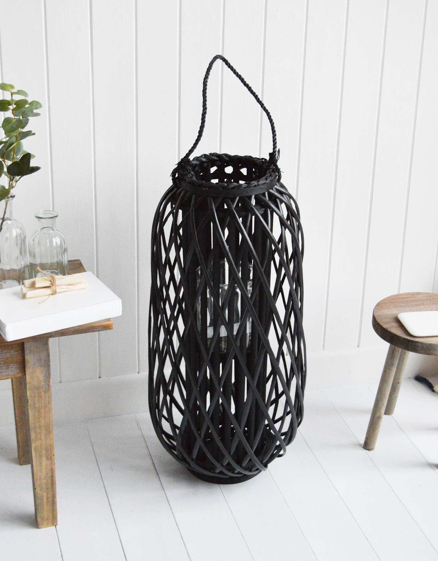 Large Tall Black  Willow Lantern - New England Coastal & Country Furniture and Home Decor for beauriful homes. Hallway, Living Room Bedroom and Bathroom furniture