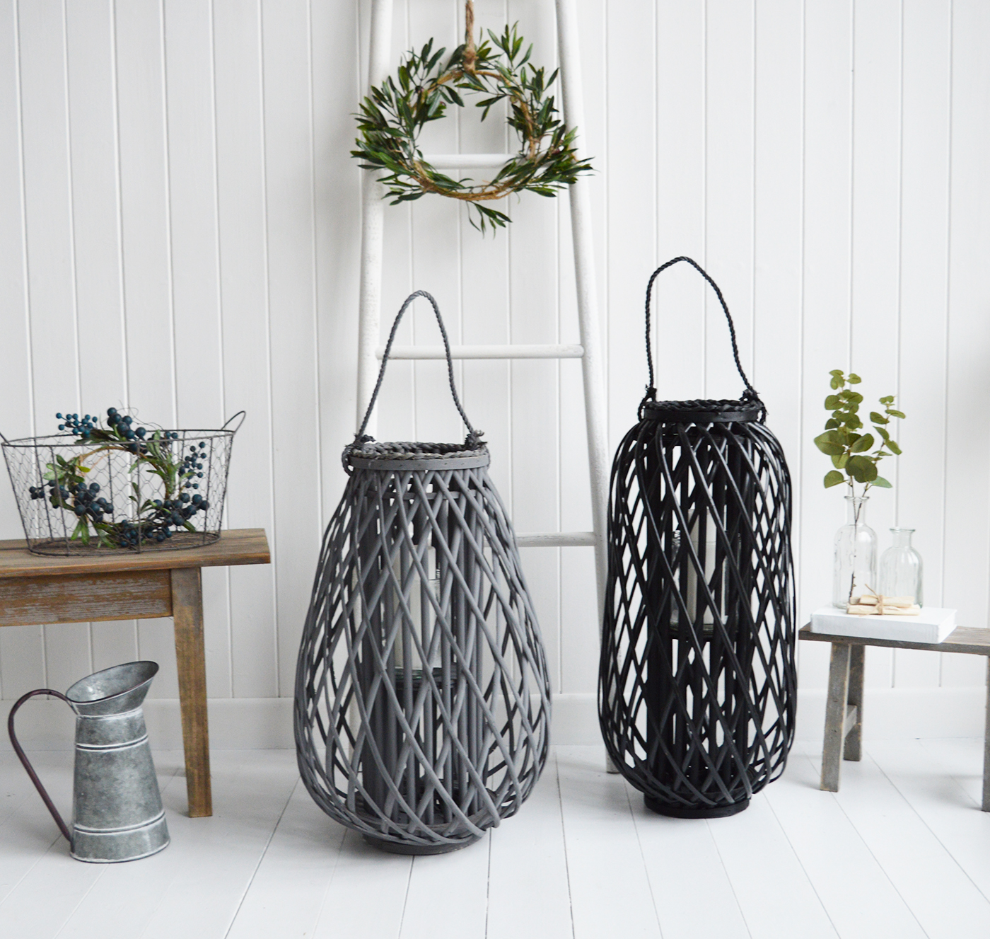 Grey and Black willow lanterns for New England living, bot indoors and out from The White Lighthouse Furniture