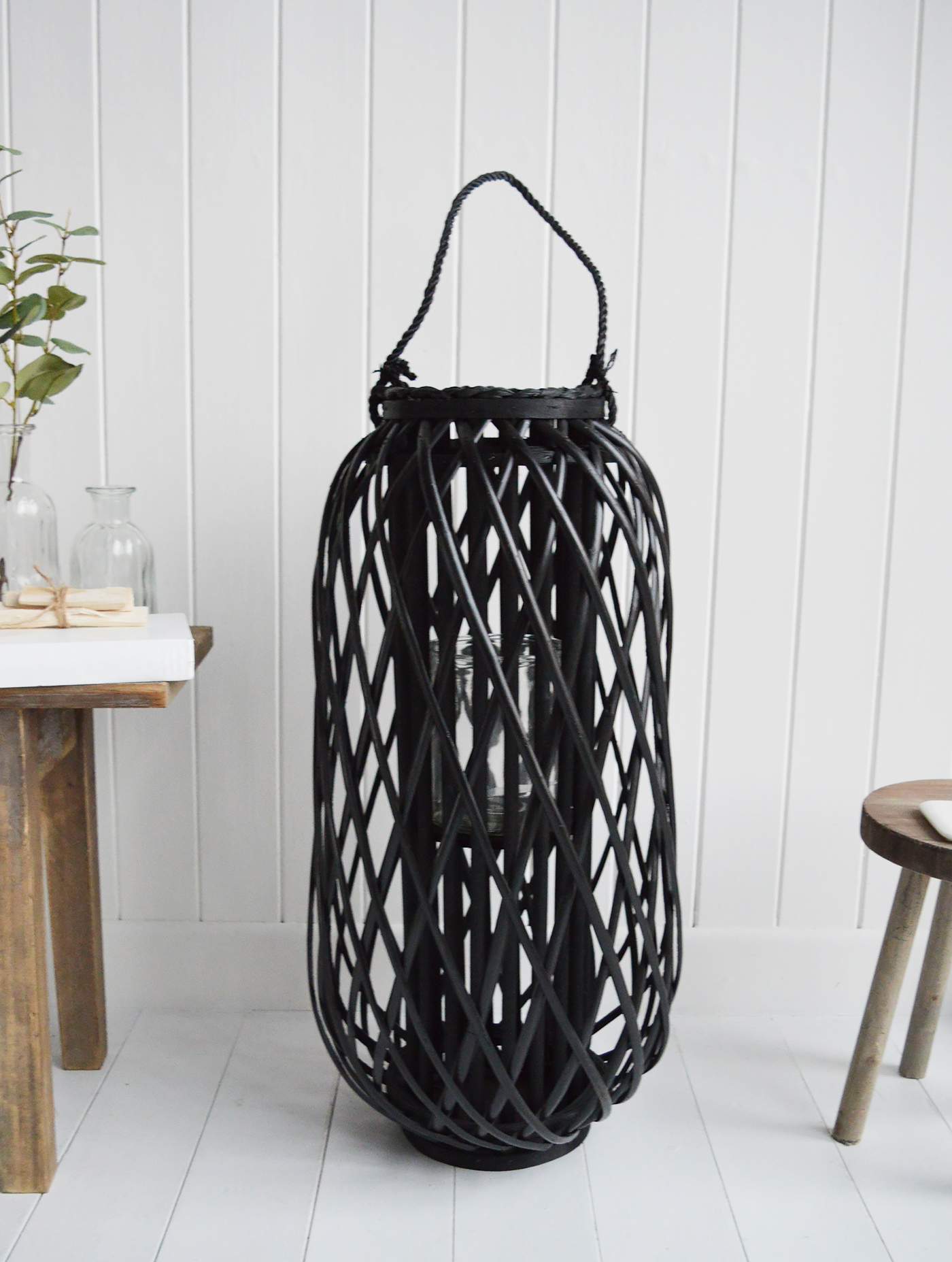 Large Tall Black  Willow Lantern - New England Coastal & Country Furniture and Home Decor for beauriful homes. Hallway, Living Room Bedroom and Bathroom furniture