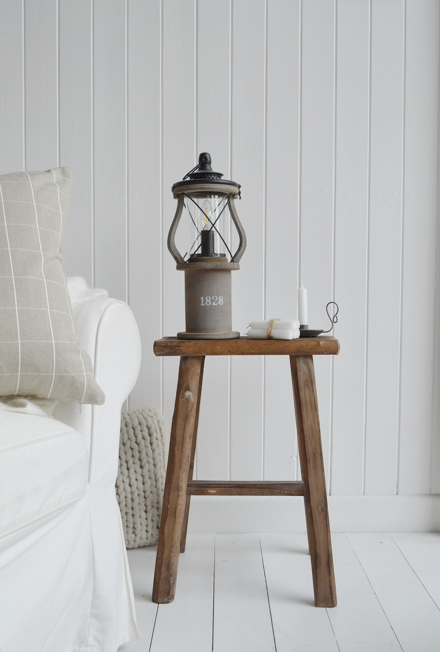 The Lewiston lamp on the Georgetown stool table in a beach house coastal New England inspired room