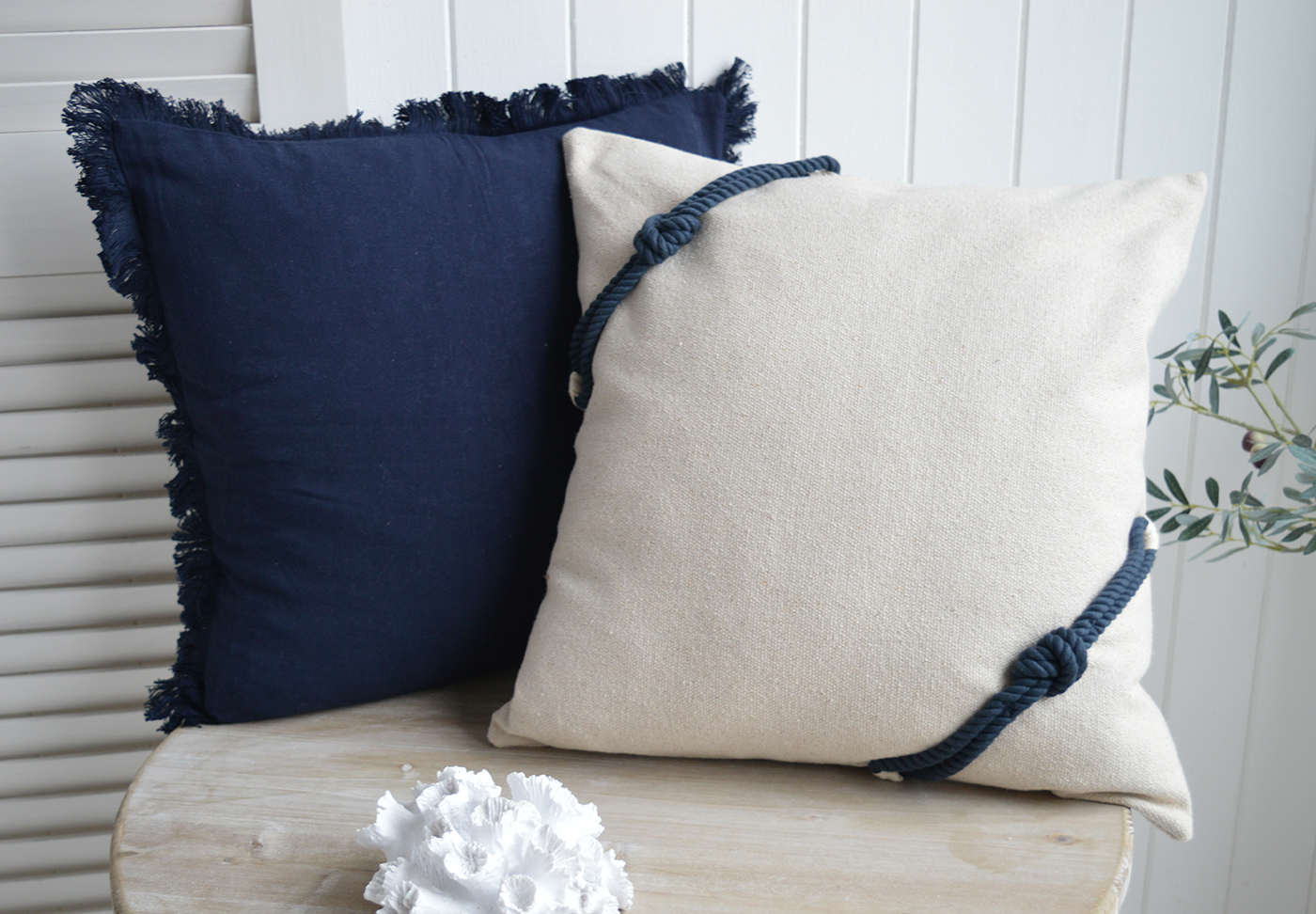 New England and Hamptons style coastal cushions in navy and rope