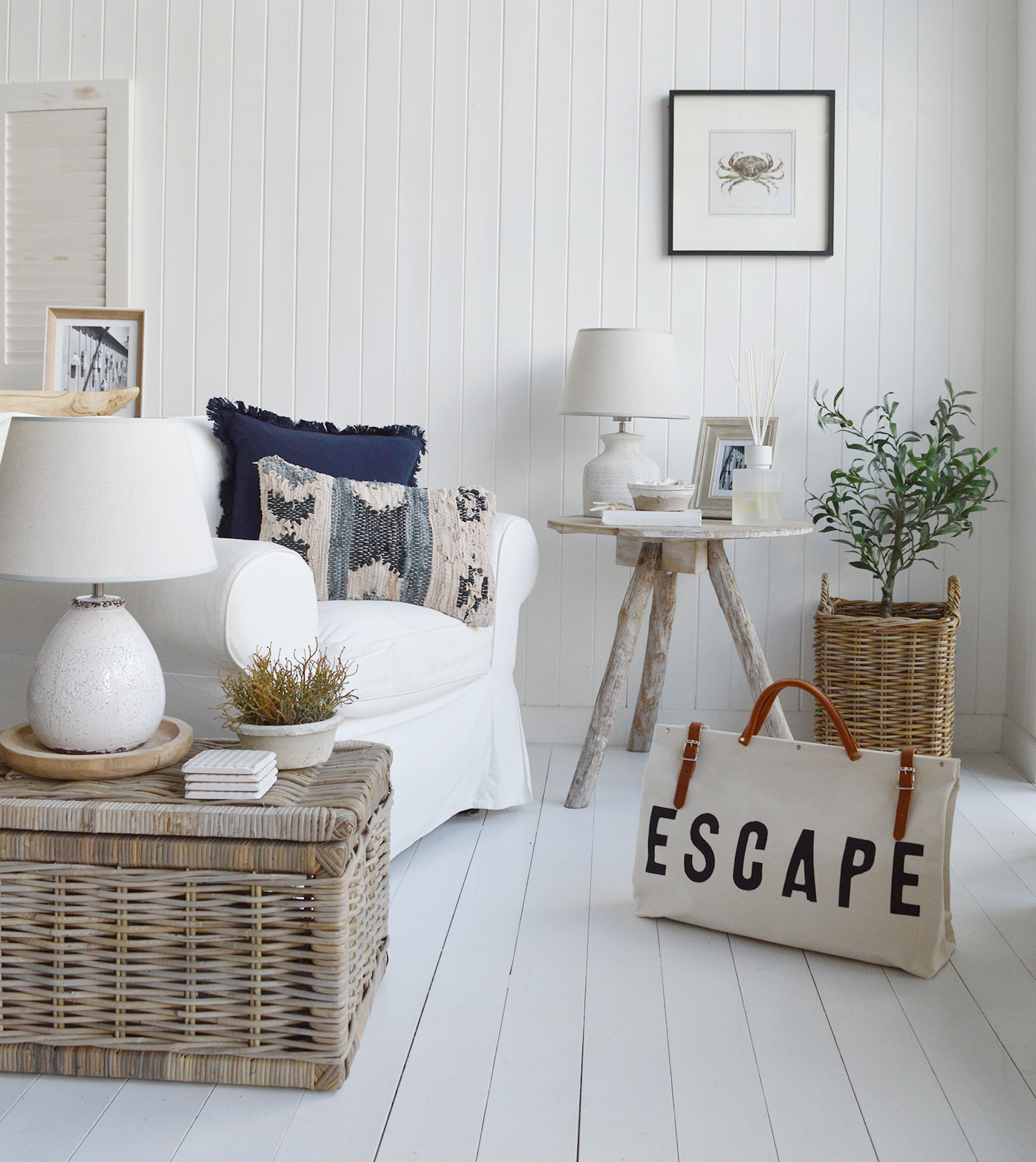 The Hamptions coastal home interior, shown here with coastal furniture and cushions for warmth