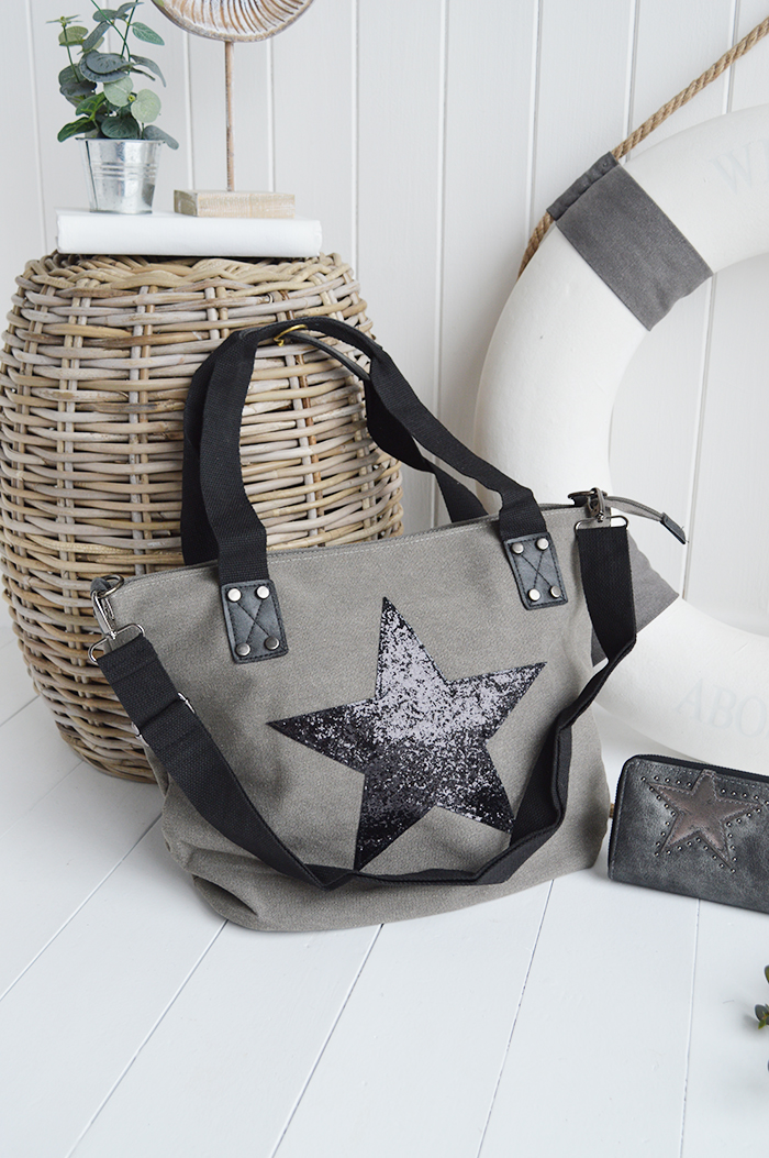 Light Grey Star Canvas Bag from The White Lighthouse New England Country Coastal White and Nordic furniture