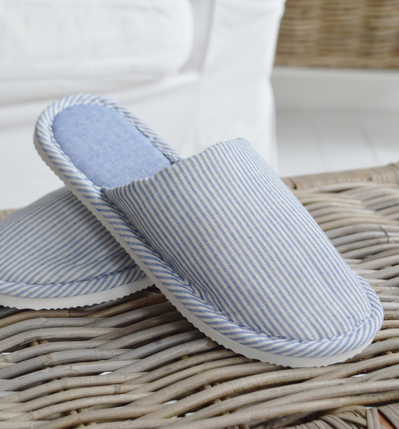 Bring relaxed coastal living into your home with our Harbour Bay Stripe Slippers, featuring classic blue and white stripes, a soft padded footbed and a durable sole suitable for both indoor and light outdoor wear.