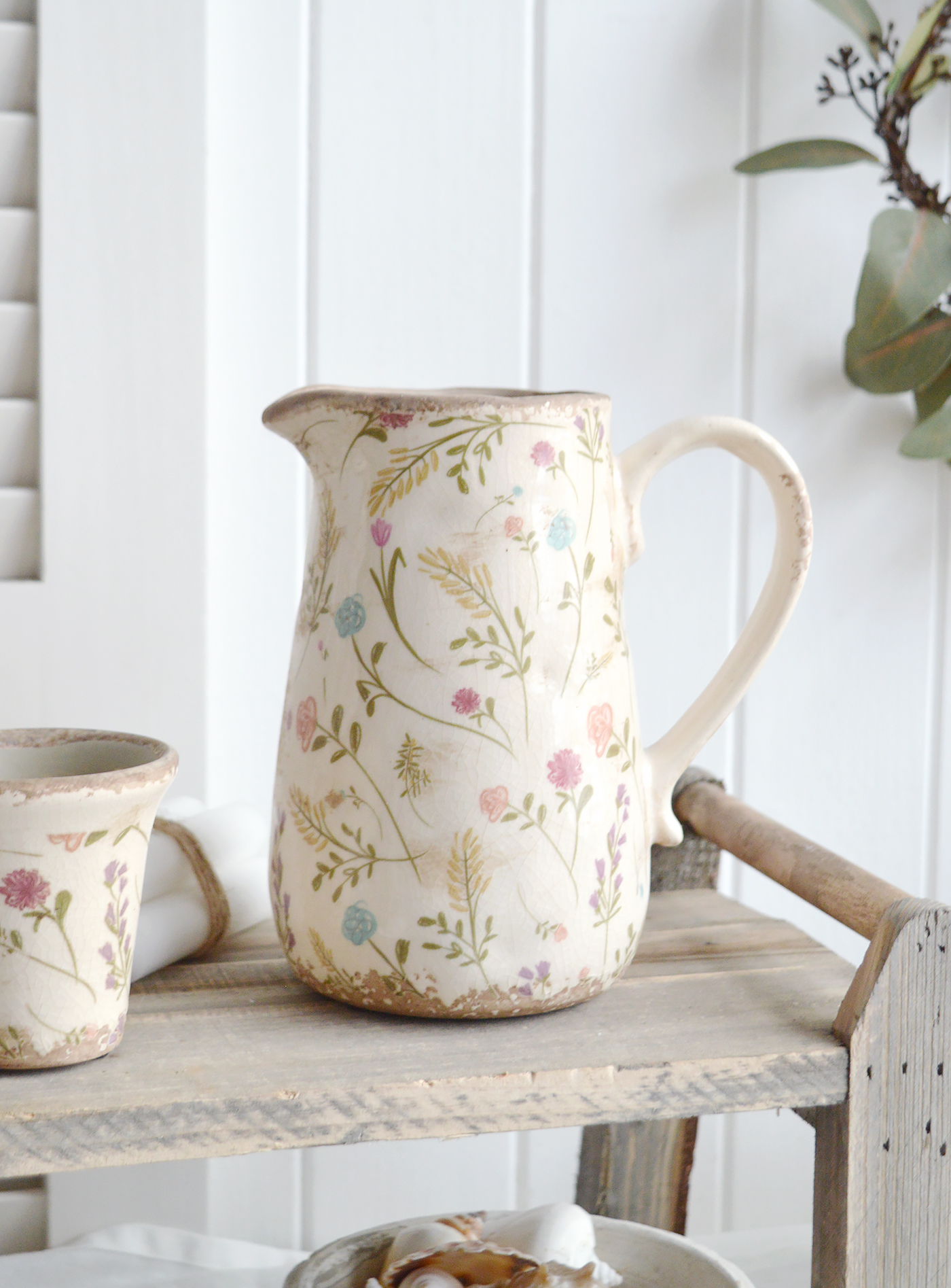 Marston Aged Vintage Style Ceramics. Pitcher vase jug - New England, coastal, modern farmhouse and country homes interiors and furniture